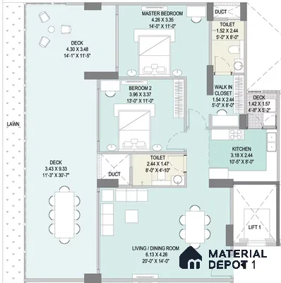 Modern open plan living and dining room with adjacent kitchen and deck access
