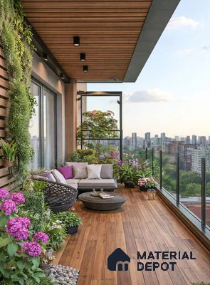 Modern balcony with wooden plank flooring, vertical wood louver wall, and lush greenery