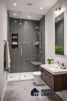 Modern bathroom with vertical grey subway wall tiles and light grey stone floor tiles