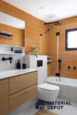 Modern bathroom with terracotta vertical subway wall tiles and terrazzo floor