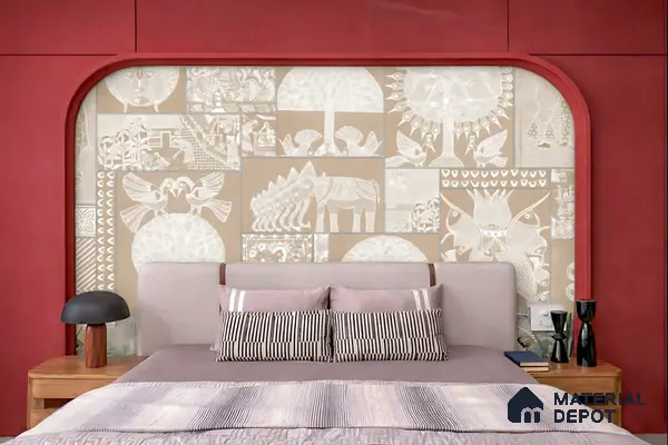 Eclectic bedroom with Indian folk art patterned wallpaper and red accent wall panels