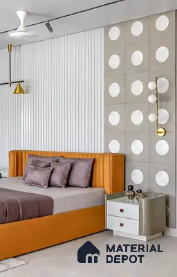 Modern bedroom with suede upholstered bed, fluted white wall panels, and geometric 3D accent wall tiles