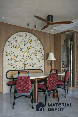 Eclectic dining room with floral mural wallpaper, wood paneling, and marble dining table