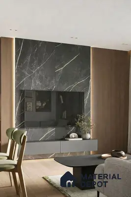 Modern living room with black marble laminate TV wall and walnut wood louvers