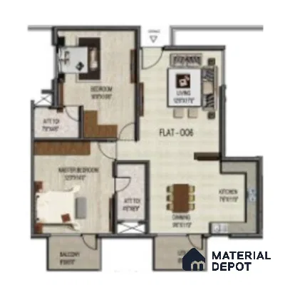 Modern apartment floor plan with wood-look tile flooring and open plan living, dining, and kitchen