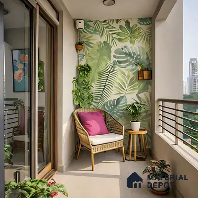 Modern balcony with tropical wallpaper, beige floor tiles, and rattan chair