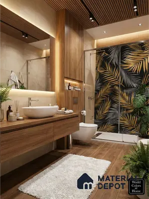 Modern bathroom with wood-look tiles, beige wall tiles, and tropical highlighter shower wall