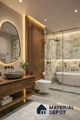 Modern bathroom with leaf-patterned wall tiles, walnut wood louver panel, and grey marble floor tiles