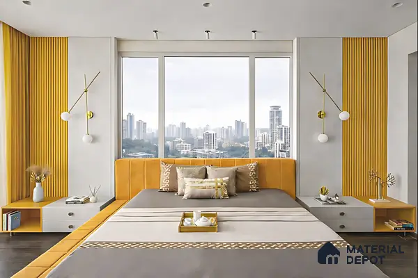 Modern bedroom with mustard yellow fluted wall panels and suede upholstered bed