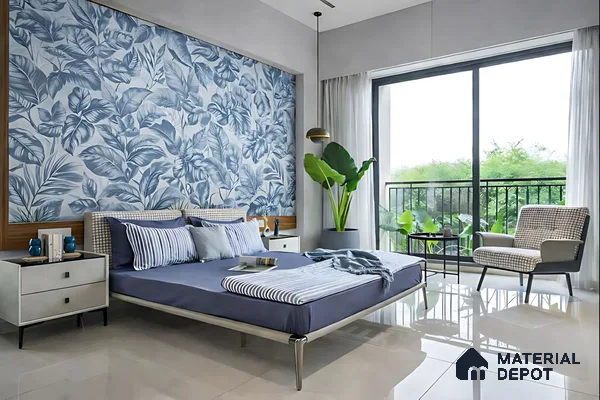 Modern bedroom with blue floral wallpaper accent wall and glossy beige floor tiles