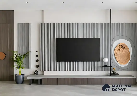 Modern TV unit with grey fluted wall panels and walnut brown laminate base cabinet