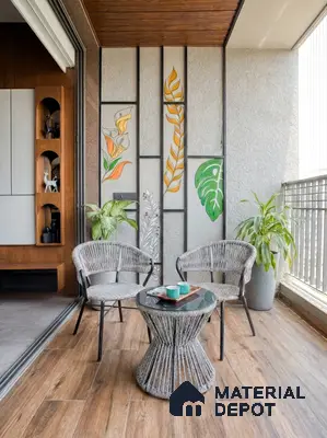 Modern balcony with wood-look floor tiles and botanical decorative wall panels