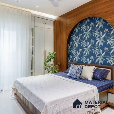 Modern bedroom with walnut wood laminate arch, blue floral wallpaper, and white fluted wardrobe