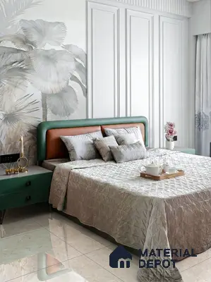 Modern bedroom with tropical wallpaper, green upholstered bed, and glossy marble floor tiles