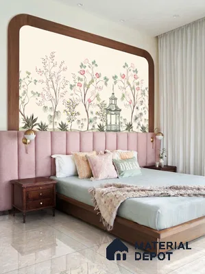 Japandi bedroom with chinoiserie wallpaper, blush pink suede upholstered headboard, and natural wood bed