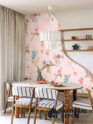 Eclectic dining room with pastel floral wallpaper, wooden dining set, and striped upholstery