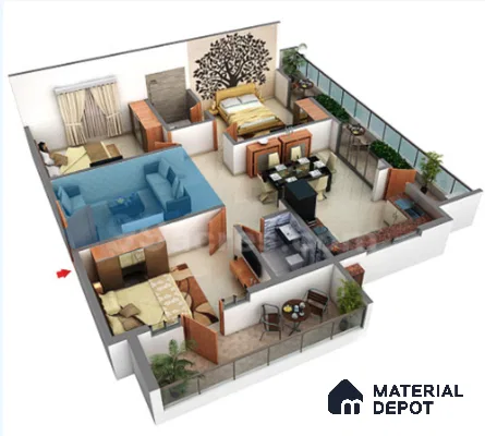 Modern apartment 3D layout with beige floor tiles, wooden laminate wardrobes, and glass balcony railing