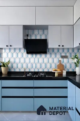 Modern kitchen with blue and white laminate cabinets, geometric blue and white backsplash tile, and black granite countertop
