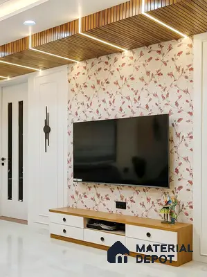 Modern TV unit with floral wallpaper, white and oak laminate cabinet, and wooden louver ceiling