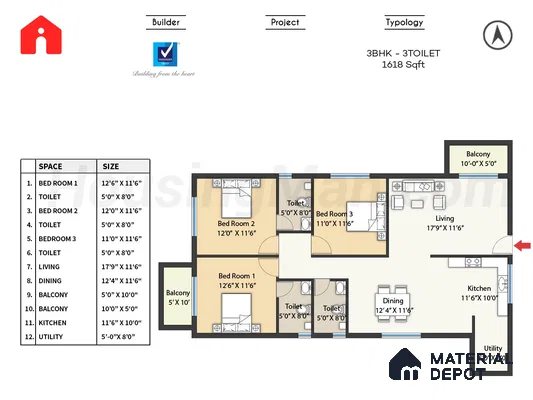 Modern 3BHK apartment floor plan with three bedrooms, three bathrooms, kitchen, dining, living, utility, and balconies of 3 BHK apartment in Vaishnavi Gardenia Choodasandra Bengaluru
