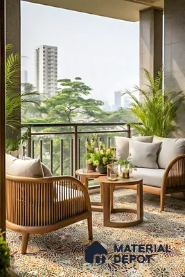 Scandinavian balcony with patterned mosaic floor tiles and natural wood furniture of 3 BHK apartment in Vaishnavi Gardenia Choodasandra Bengaluru