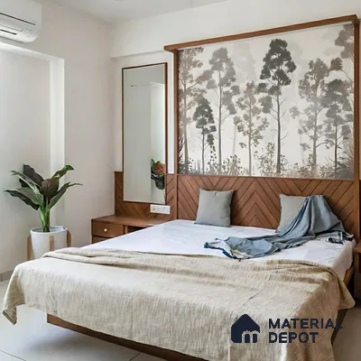 Scandinavian bedroom with chevron wood laminate headboard and nature-inspired wallpaper accent of 3 BHK apartment in Vaishnavi Gardenia Choodasandra Bengaluru