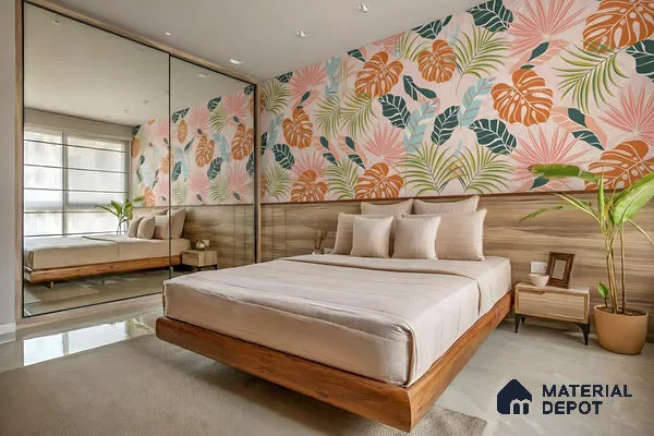 Modern bedroom with tropical floral wallpaper, light wood laminate paneling, and mirrored wardrobe of 3 BHK apartment in Vaishnavi Gardenia Choodasandra Bengaluru