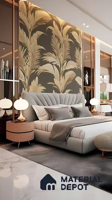 Modern bedroom with gold tropical wallpaper, tufted suede bed, and marble floor tiles of 3 BHK apartment in Vaishnavi Gardenia Choodasandra Bengaluru