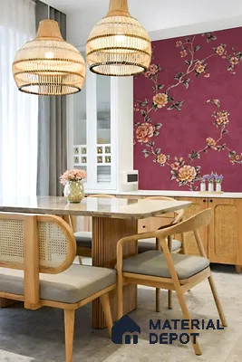Scandinavian dining room with floral wallpaper, natural cane chairs, and marble top table of 3 BHK apartment in Vaishnavi Gardenia Choodasandra Bengaluru
