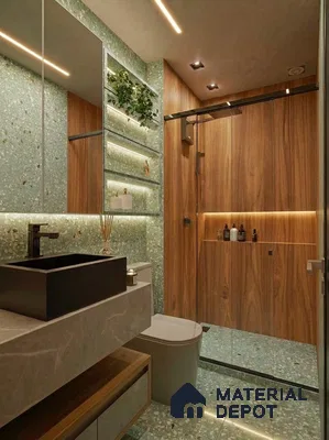 Modern bathroom with green terrazzo tiles and walnut wood wall panels in 3 BHK apartment Vaishnavi Rathnam Jalahalli Bengaluru