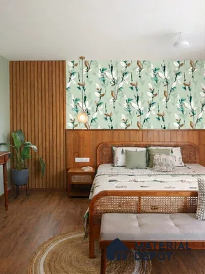 Scandinavian bedroom with floral wallpaper, natural wood louvers, and wooden flooring in 3 BHK apartment Vaishnavi Rathnam Jalahalli Bengaluru