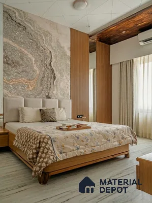 Modern bedroom with marble accent wall, light wood louvers, and marble floor tile in 3 BHK apartment Vaishnavi Rathnam Jalahalli Bengaluru