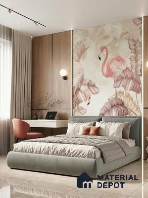 Modern bedroom with flamingo tropical wallpaper, light wood panels, and suede upholstered bed in 3 BHK apartment Vaishnavi Rathnam Jalahalli Bengaluru