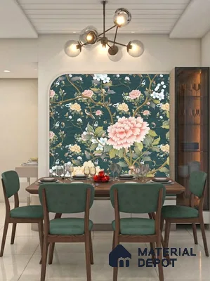 Art Deco dining room with chinoiserie floral wallpaper and walnut wood dining set in 3 BHK apartment Vaishnavi Rathnam Jalahalli Bengaluru