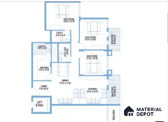 Modern apartment floor plan with bedrooms, kitchen, dining, utility, and balconies in 3 BHK apartment Vaishnavi Rathnam Jalahalli Bengaluru