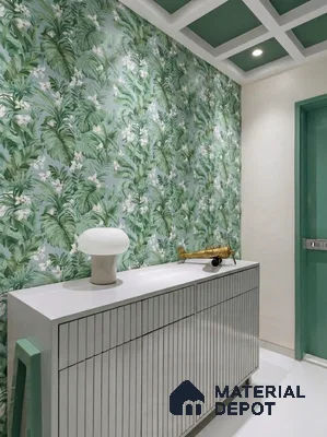 Modern foyer with tropical floral wallpaper and white fluted console in 3 BHK apartment Vaishnavi Rathnam Jalahalli Bengaluru