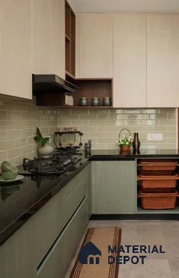 Scandinavian kitchen with sage green laminate, beige laminate, and olive green subway tile backsplash in 3 BHK apartment Vaishnavi Rathnam Jalahalli Bengaluru