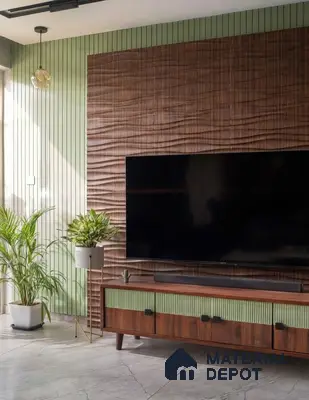 Mid-century modern TV unit with sage green fluted laminate, walnut wood laminate, and marble look floor tile in 3 BHK apartment Vaishnavi Rathnam Jalahalli Bengaluru