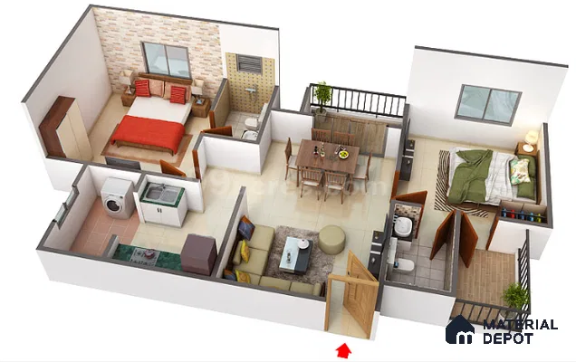 Modern living room with beige floor tiles, wooden furniture, and neutral color palette