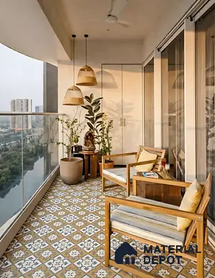Scandinavian balcony with patterned encaustic moroccan floor tiles and natural wood outdoor furniture