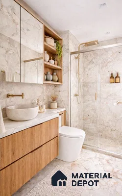 Modern bathroom with beige marble tiles and oak wood laminate vanity
