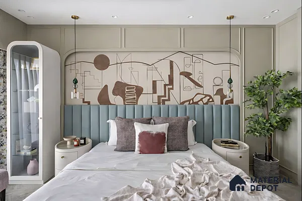Modern bedroom with abstract mural accent wall and pastel blue suede upholstered headboard
