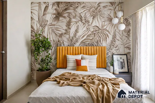 Modern bedroom with tropical wallpaper, mustard suede upholstered headboard, and neutral palette