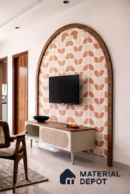 Mid-century modern TV unit with geometric patterned wallpaper and walnut wood accents in living room