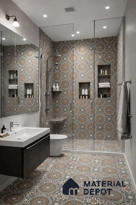 Modern bathroom with geometric patterned tiles in grey and tan tones and floating vanity