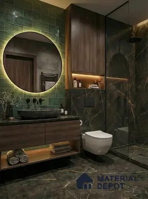 Modern bathroom with green subway wall tiles, dark marble-look tiles, and walnut wood vanity