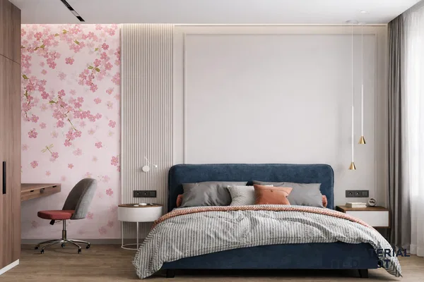 Scandinavian bedroom with pink floral wallpaper, fluted wall panels, and blue upholstered bed