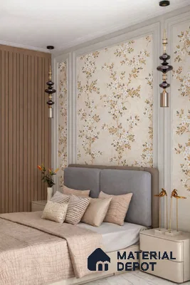 Modern bedroom with floral wallpaper, beige fluted wall panels, and neutral upholstered bed