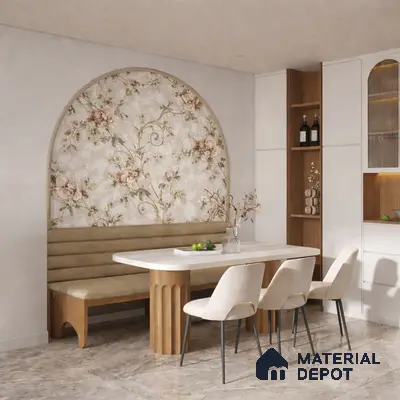 Modern dining room with floral wallpaper, beige suede bench, and marble floor tiles