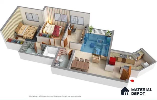 Modern Floor Plan with beige floor tiles, wooden furniture, and open plan layout